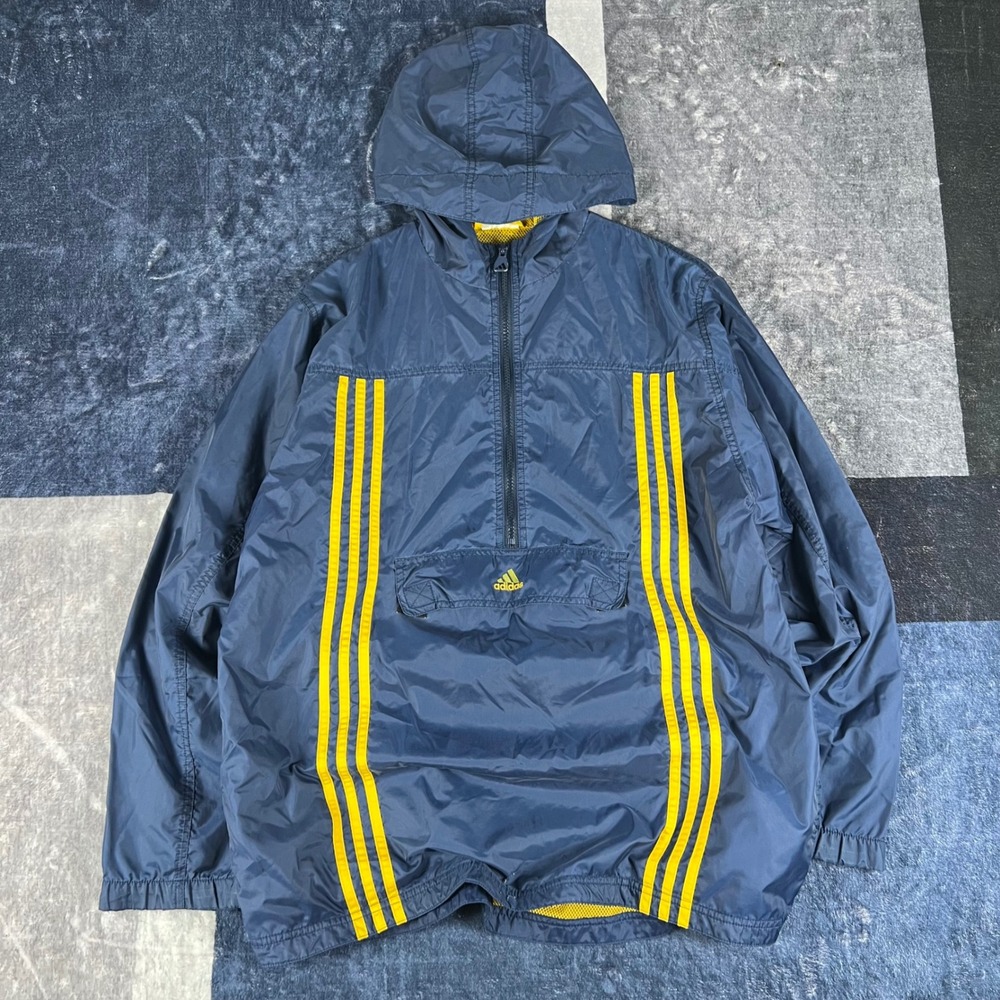 Y2K Adidas Boys XL Navy Blue Stripe Hooded Half Zip‎ Anorak Windbreaker Jacket